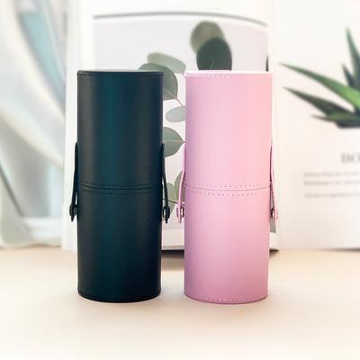 Round PU Leather Makeup Brush Holder Cylinder Organizer Desk Vanity Storage