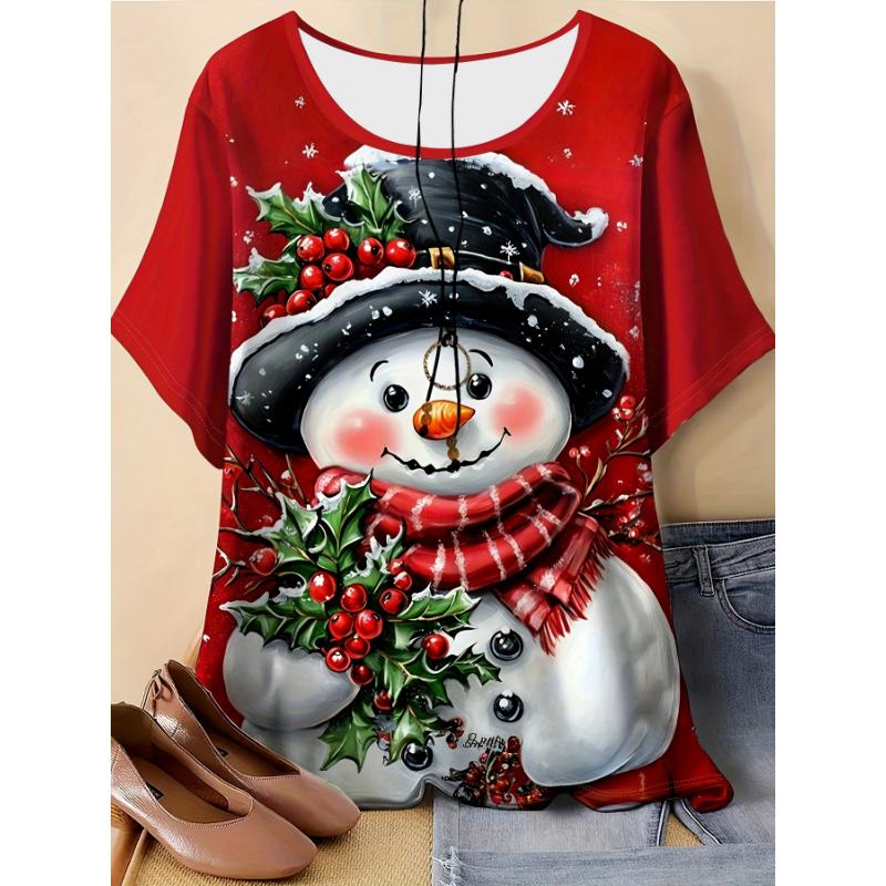 Elegantní červený vánoční top s potiskem sněhuláka Dámské tričko s krátkým rukávem Ležérní zimní a letní halenka Nadměrné Y2k dámské oblečení