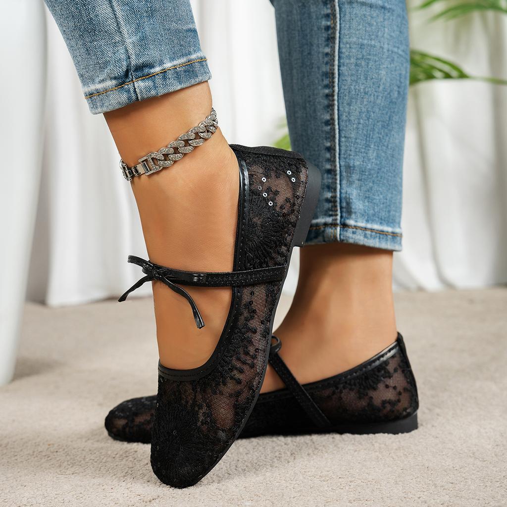 Square-toe Ballet-style Mesh Flat Slip-ons, French-style Temperament Mary Jane Shoes