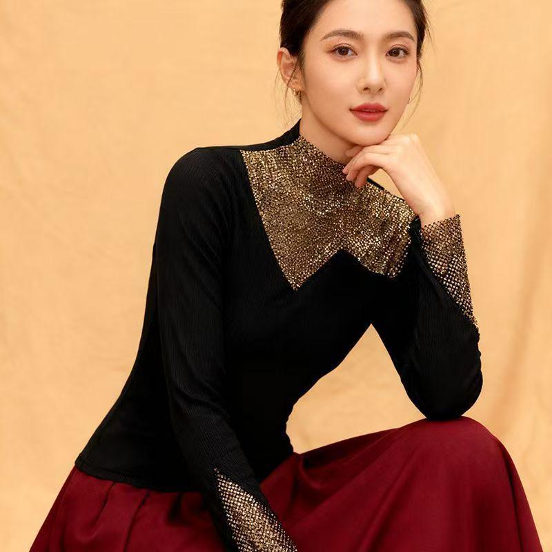 Autumn/Winter Rhinestone Long-Sleeve Top: Age-Reducing, Warm, Half-High Collar Fleece Base Layer Shirt
