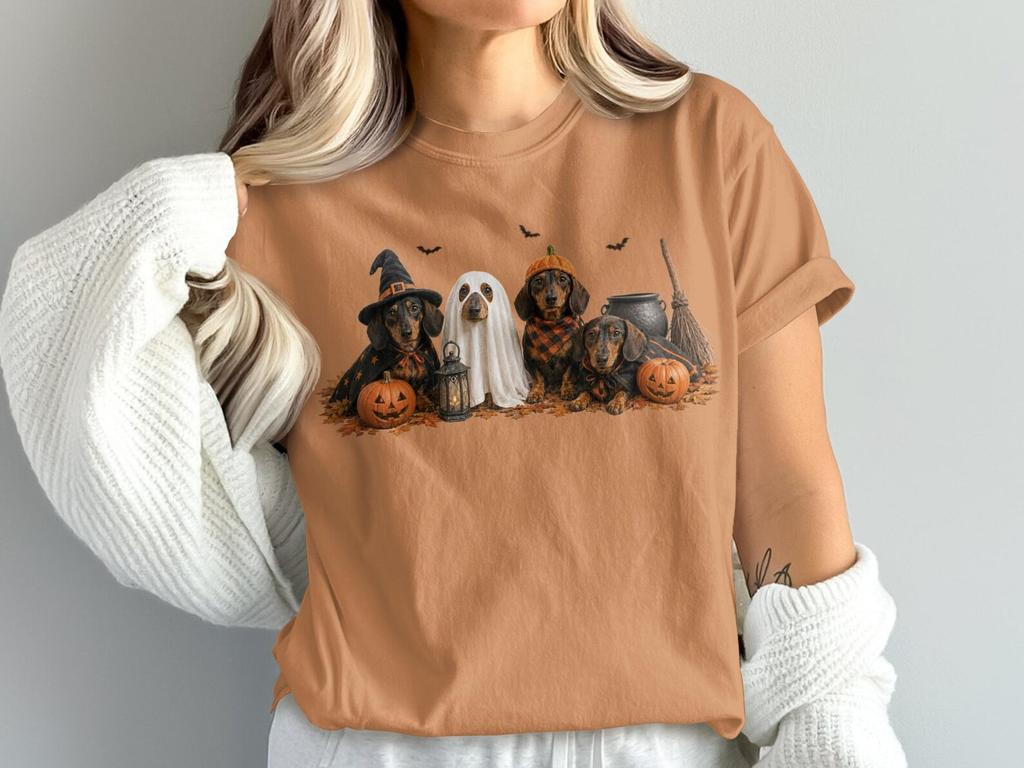 Dachshund Halloween T-Shirt, Spooky Wiener Dog Shirt, Cute Fall Ghost Pumpkin Witch Dog Tee, Autumn Dog Mom Shirt, Halloween Dog Lover Gift