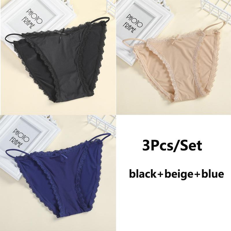 Seamless Lace 3pcs Sexy Women Panties Silk Lingerie Girls Cute Bow Underpants