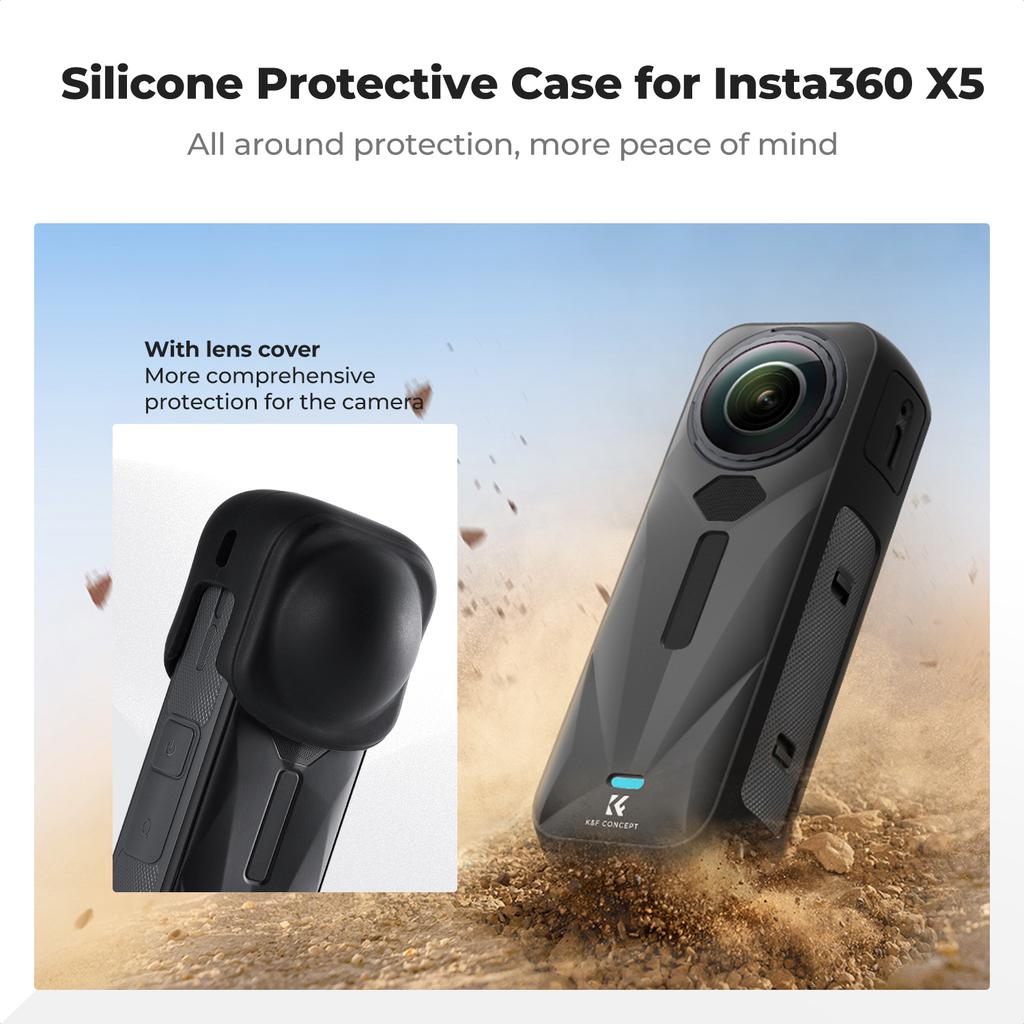 K&F CONCEPT Black Silicone Sleeve Case for Insta360 X5 Soft Protective Case with Lens Cover, Battery Side Open All-Round Protect