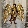 Religious Theme Room Decor Golden Archangel Warrior Acrylic Suncatcher, Faux Stained Glass Window Hanging Wing Armor Gift with Metal Chain,