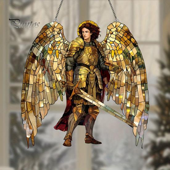 Religious Theme Room Decor Golden Archangel Warrior Acrylic Suncatcher, Faux Stained Glass Window Hanging Wing Armor Gift with Metal Chain,