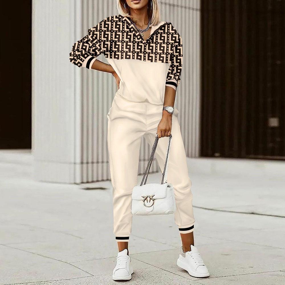 

Комплект из джемпера с длинными рукавами и брюк в европейском и американском стиле для женщин XXXL хаки/белый