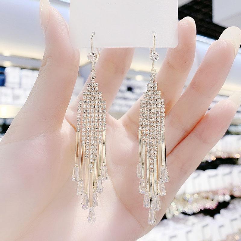 Exaggerated Long Geometric Diamond Tassel Earrings - Trendy, Flashy & Face-Enhancing
