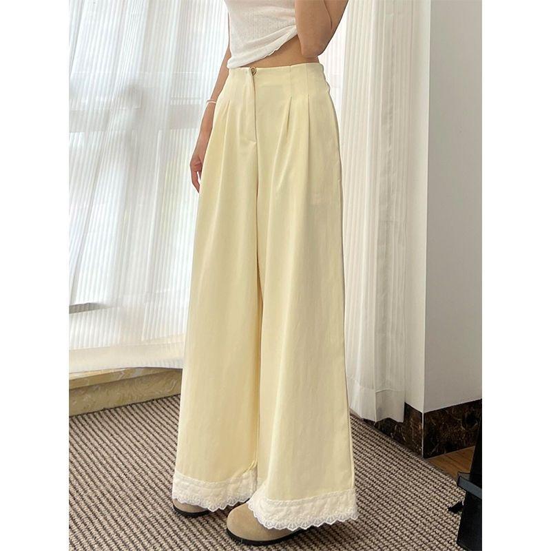 Women's Dopamine Color Block Wide-Leg Pants - Light Yellow Lace Embroidered High Waist Suit Pants