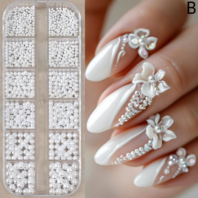 12 Fächer Halbrunde Perlen Perlen 3D Nagelanhänger 1,5/2/2,5/3/4/5 mm Weiße Flachrückige Perlen Nagel Schmuck Nagel Handwerk Perlen Strassstein