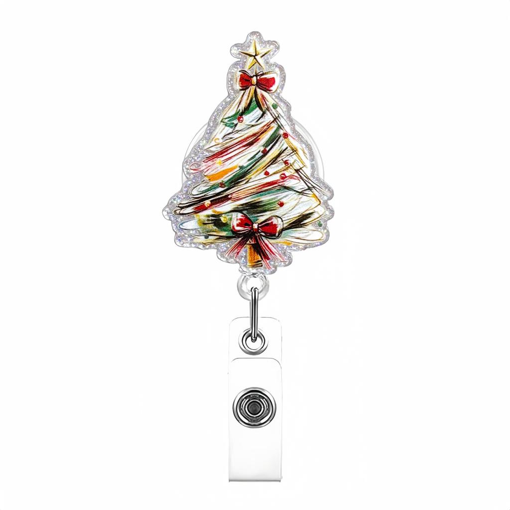 Glitter Acrylic Christmas Tree Retractable Badge Reel Clip Rotatable ID Name Card Buckle Holders Xmas Gift for Nurse Doctors