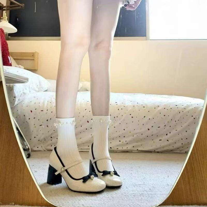 Bow Small Fragrant Style High Heel Mary Jane Shoes Women's 2025 New Spring Pearl Square Head Temperament Thick Heel Single Shoes