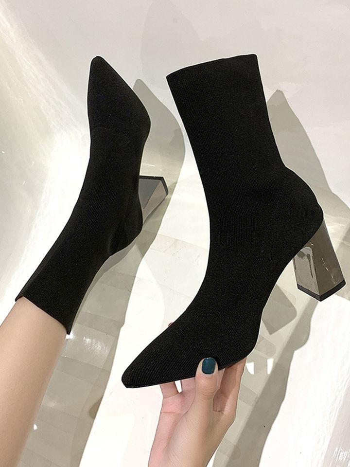 2025 Spring and Autumn Fashion Versatile Single Boots Versatile Short Boots Pointed Thick Heel High Heel Martin Boots Knitted Stretch Socks Women