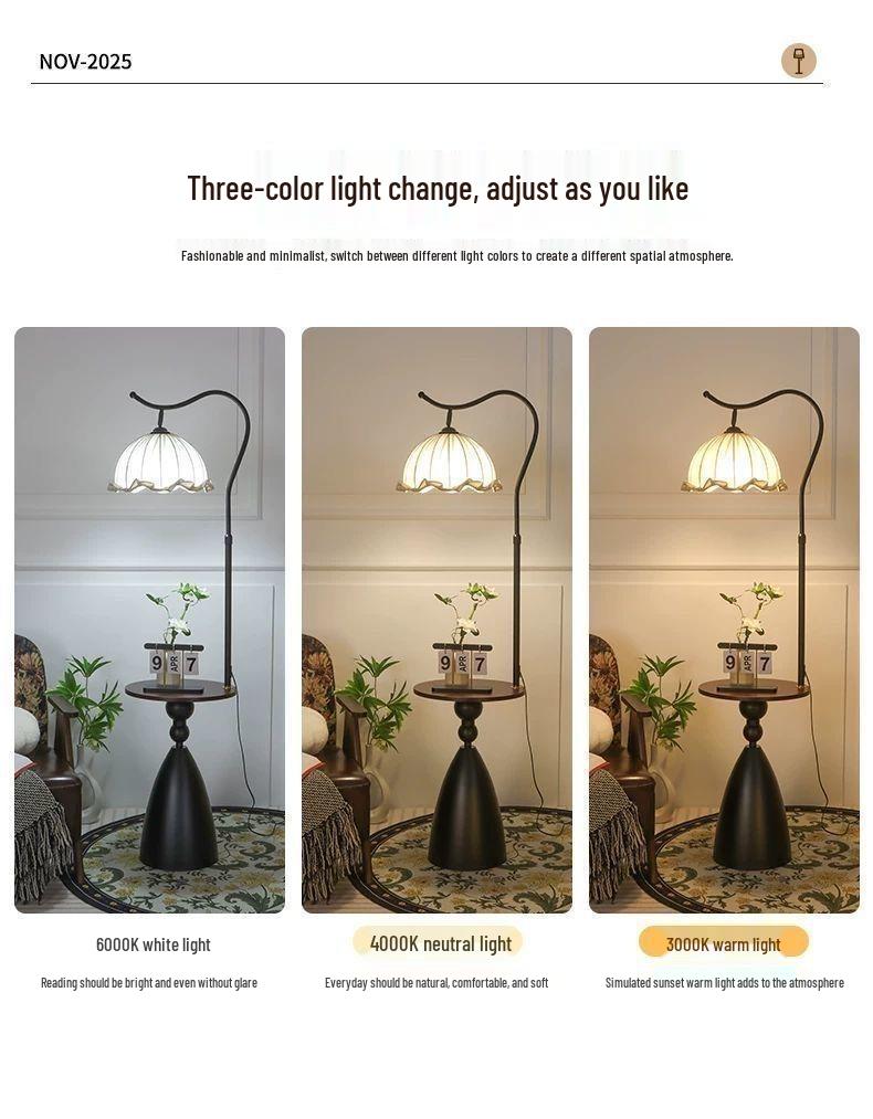 Retro American-Style Floor Lamp with Integrated Storage and Bedside Table Combo