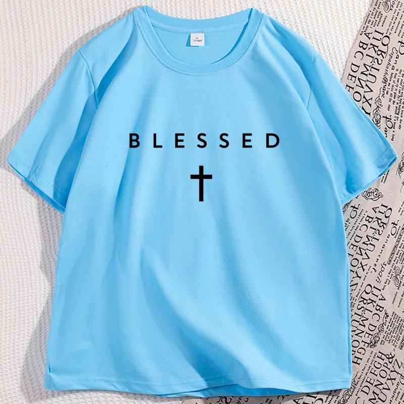 

Blessed Cross Graphic TShirt Oversized Christian Streetwear Tshirt Round Neck Cotton Short Sleeve Graphic Tee Shirts Clothing 4XL