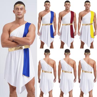 Men Roman Greek Role Play Outfit Halloween Masquerade Costume One Shoulder Dress Robe with Headband Set