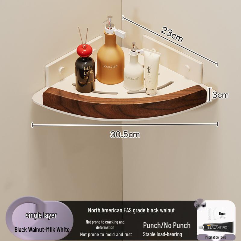 Walnut Corner Bathroom Shelf - Punch-Free Triangle Restroom Storage