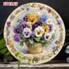 1pc Round Vintage Metal Tin Sign, Pansies Floral Wall Art, Yellow Flower Print Decorative Plaque For Indoor Living Room