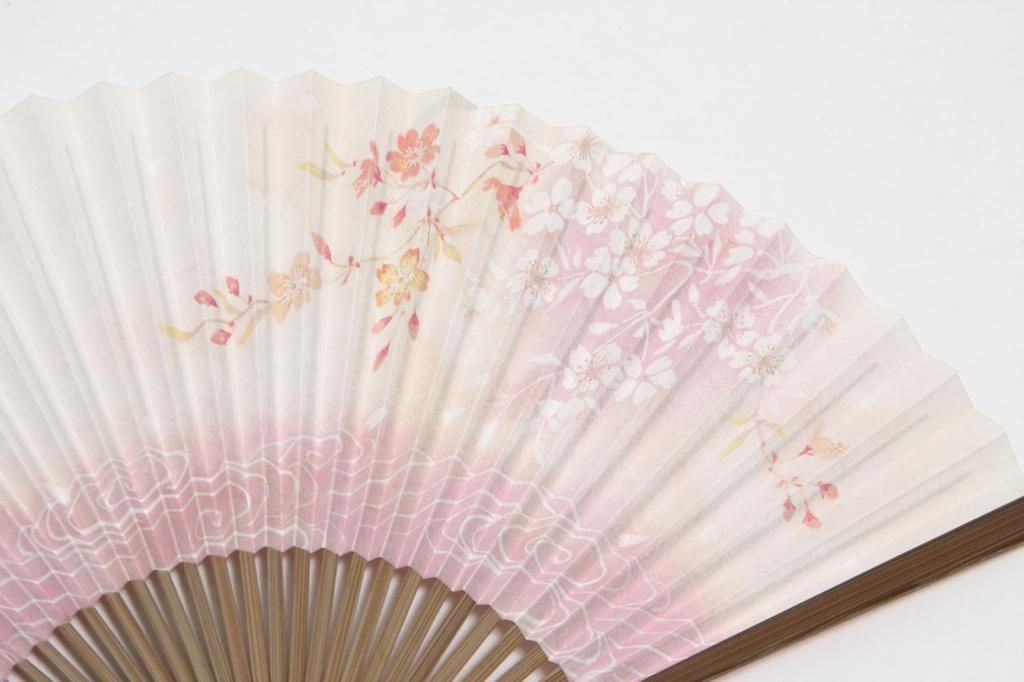 [Hasegawa] Kyoto-style fan, cherry blossom pattern, pink, carved clove wood, double-sided design, handmade by Kyoto craftsmen, fan case included, in