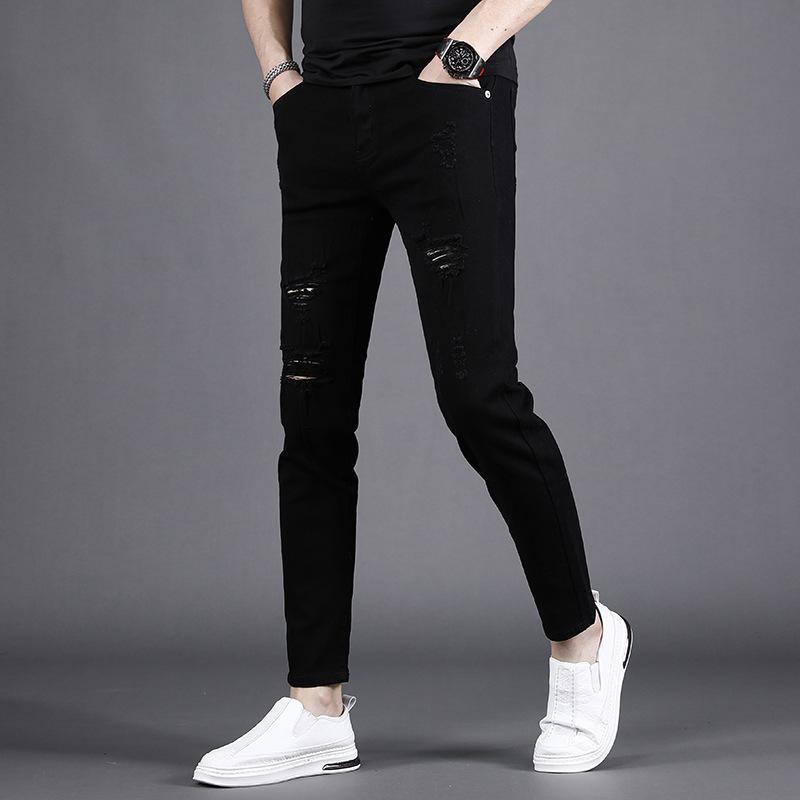 New 2024 Men's Slim-Fit Skinny Nine-Point Black Ripped Jeans for Spring/Summer.