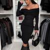 Spring & Fall New Arrival European and American Sexy Sexy Cross off-Neck Pure Color Silm Slim Looking Sheath Long Sleeves Dress Dress