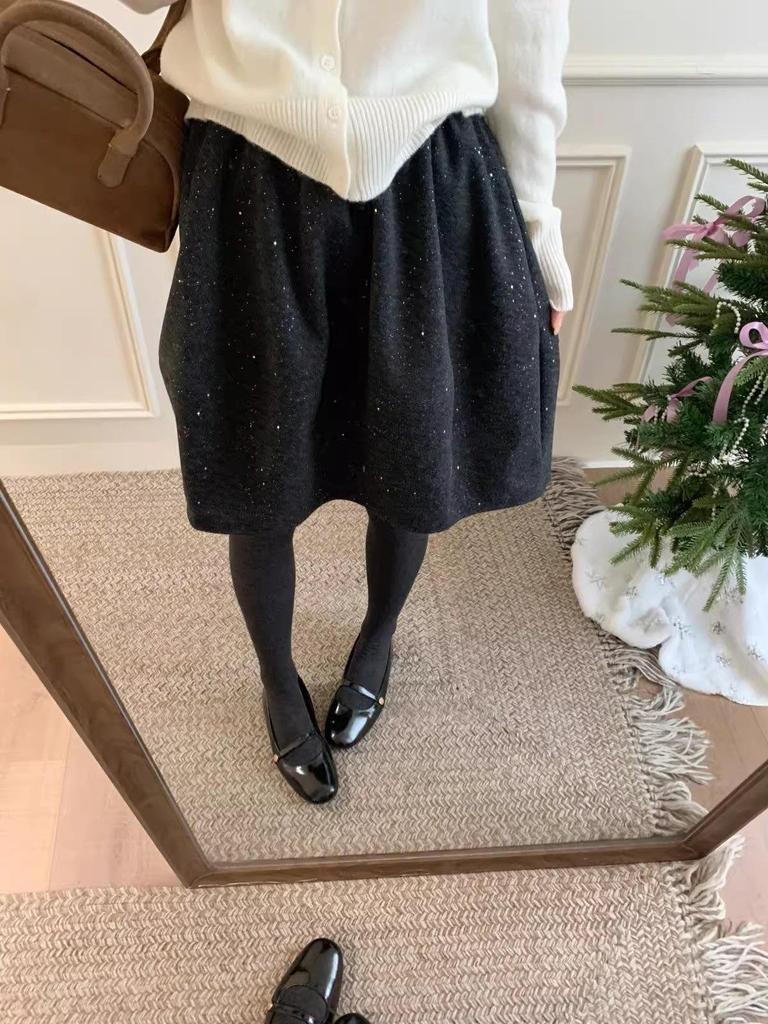 2025 Winter High-Waisted Woolen A-line Umbrella Skirt with Sequins: Slimming Mid-Length Women's Skirt