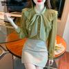 Spring and Autumn Korean Scarf Neck Bow Splice Lace Shirt Women's Foreign Versatile Slim Bottom Shirt