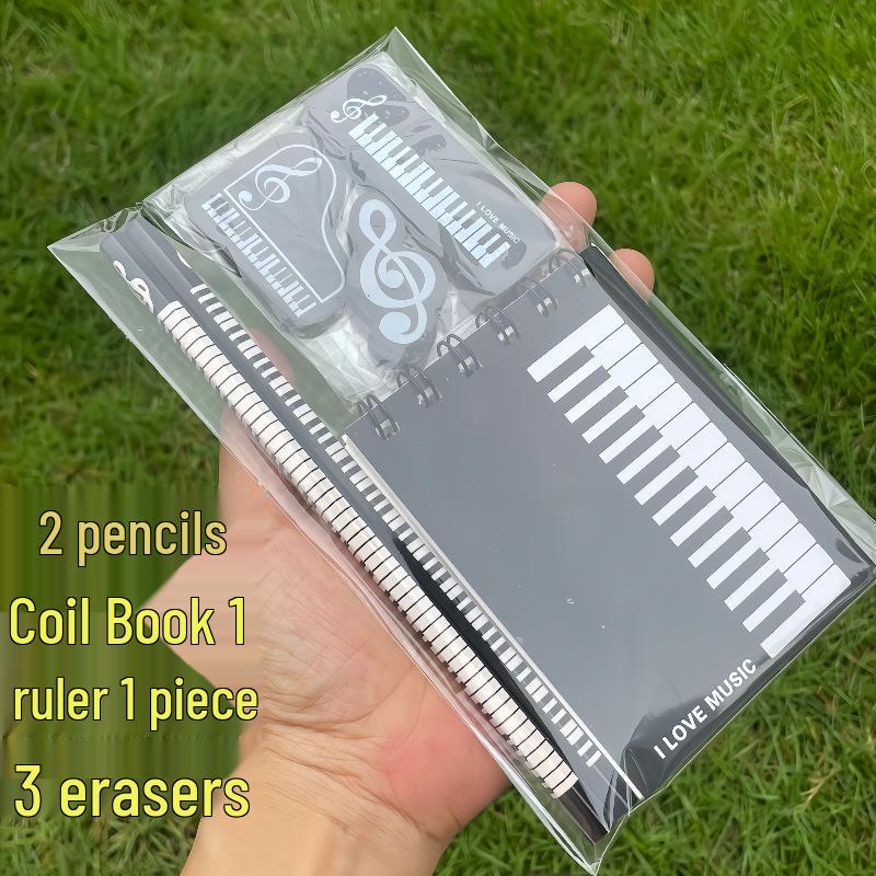 Music Note Pattern Student Stationery: Wooden Pencil and Eraser Set for Children