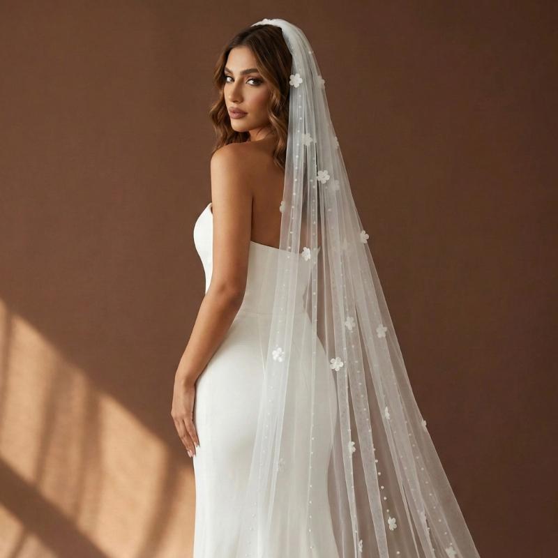 Romance Beaded Bridal Veils Long U Shape Chapel Train Veils For Bride Beach Church Wedding And Special Event Photoshoots