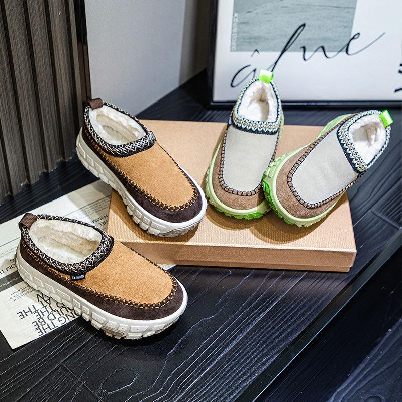 Winter New Leather Thick Velvet Tire Bottom Snow Boots Women's Retro Famous Style One-pedal Lazy Women's Cotton Boots