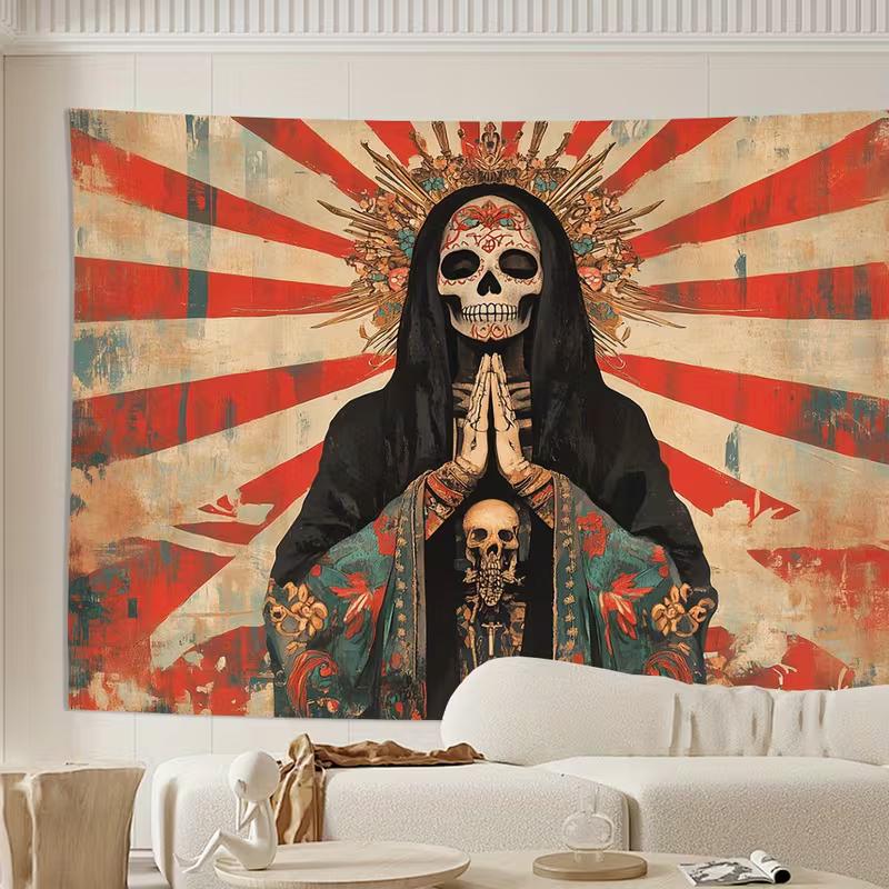 2D Holy Death Skull Tapestry Retro Mexican Aesthetic Background Cloth