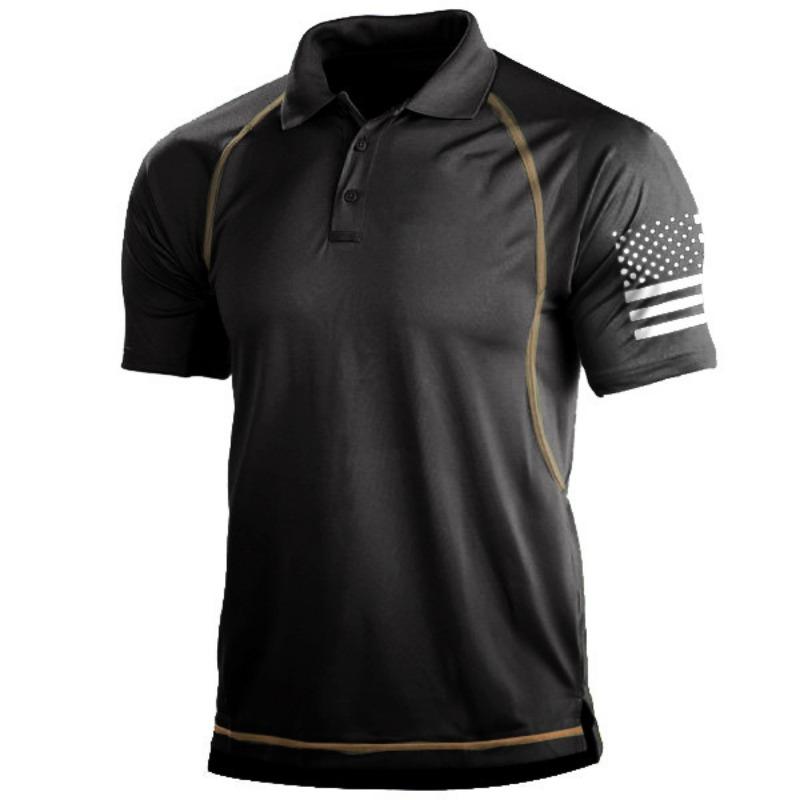 Men Outdoor Flag Print Short Sleeve Lapel Polo Shirt