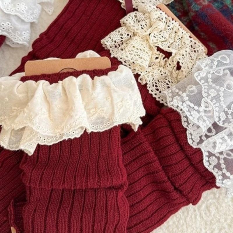 Womens Cotton Sock Sleeves For Autumn Winter Lolita Lace Ruffle Leg Warmers In Ankola Red New Year Christmas Ballet Style Calf Socks