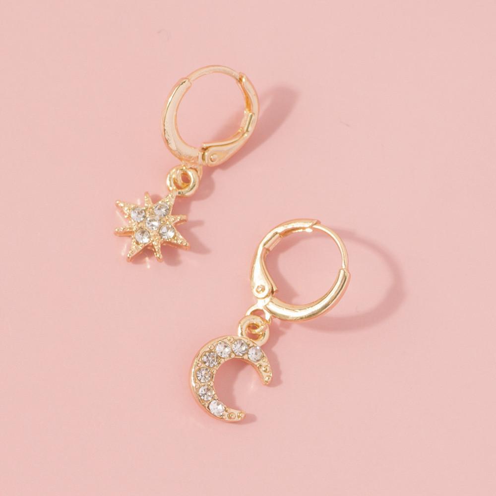 Trendy Star Geometric And Moon Earrings Alloy Jewelry With Rhinestones Women For