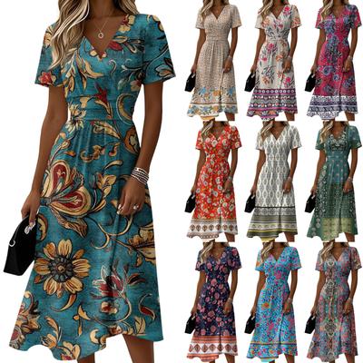 Ladies' Floral Casual Fashionable Short Sleeved V-neck Dress