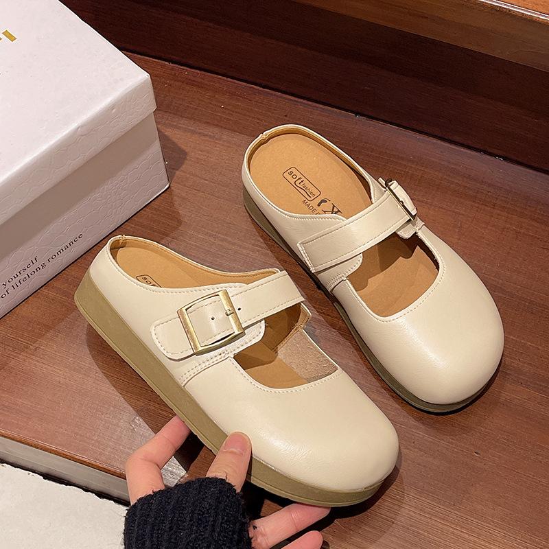 

Тапочки Baotou, женская летняя верхняя одежда, весна 2025, новые модные универсальные тапочки с плоской подошвой и одной педалью, классные тапочки Mary Jane 35 бежевый