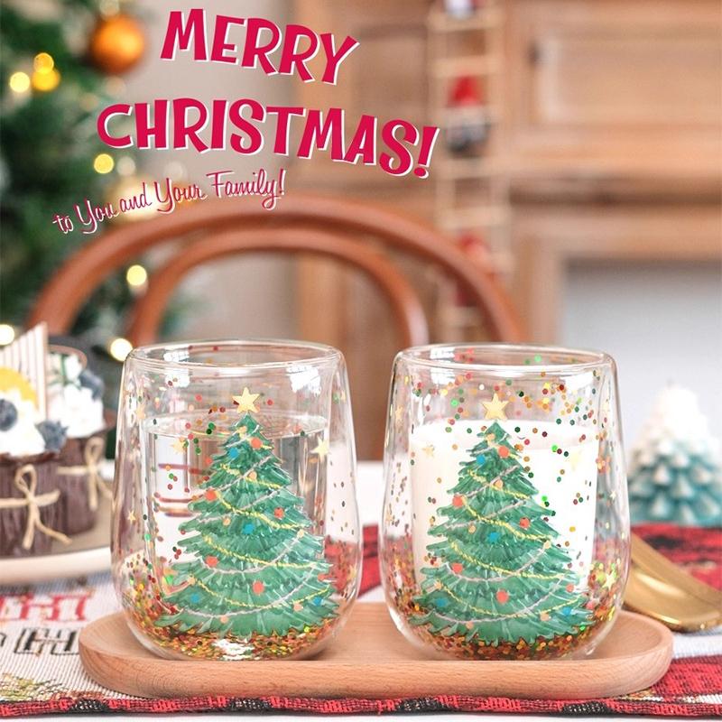 Glass Cup Christmas Double Wall Glass Cup Coffee Milk Mug Transparent Water Bottle Heat-resistant Anti Scald Double-layer Cup