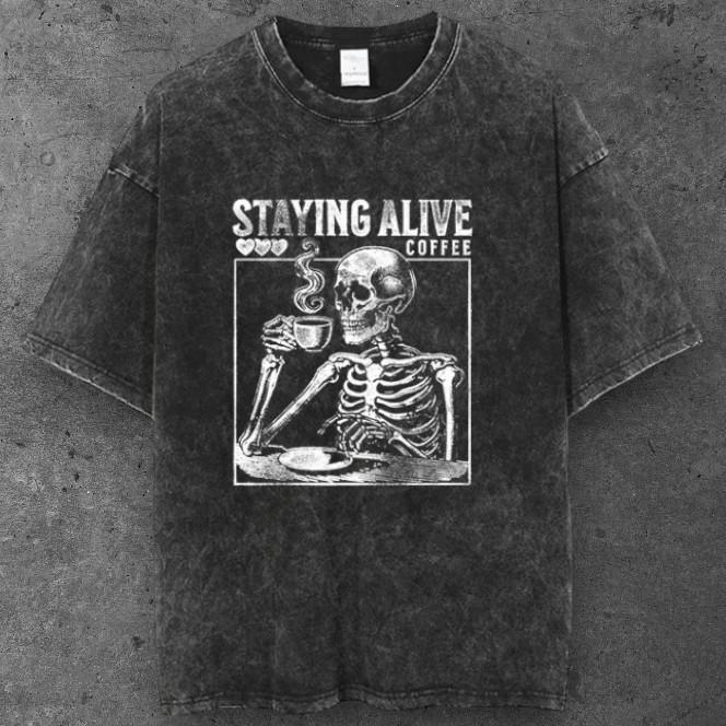 Unisex Skeleton Coffee Graphic T Shirt Washed Black Grunge Punk Streetwear S-2XL S разноцветный