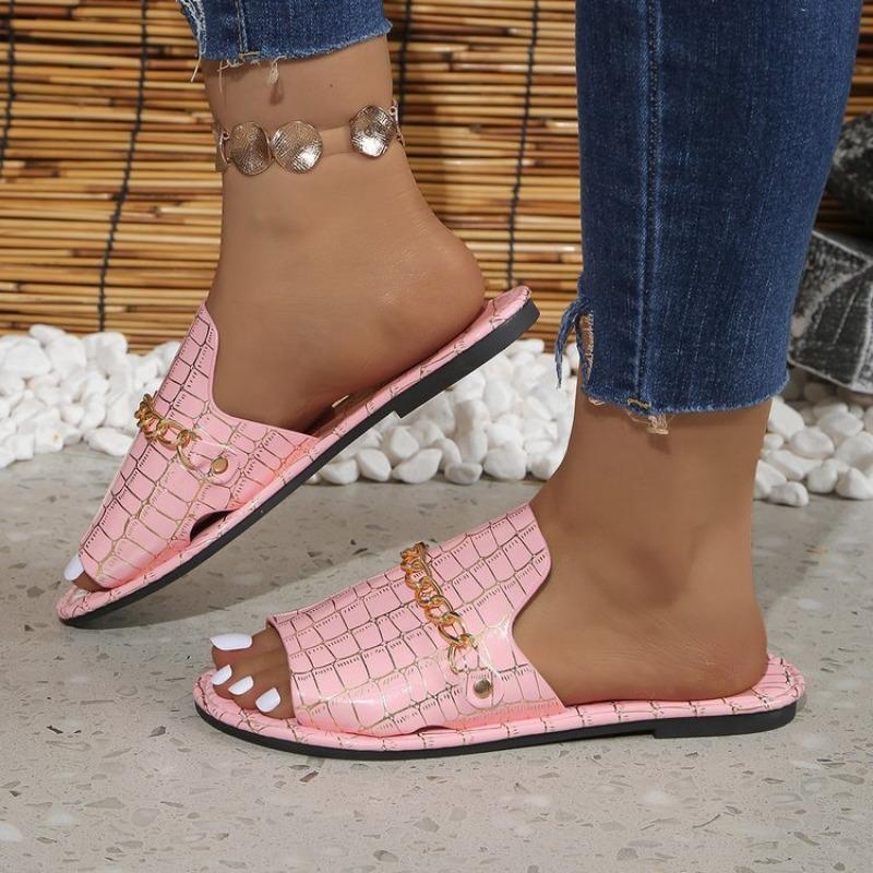 Oversized Flat Slippers with Crocodile Pattern Chain Casual Shoes for Women