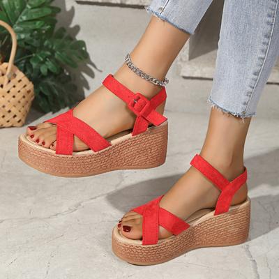 Fashion Summer Fashion Thick Sole Wedge Women Solid Color Sexy Cross Round Toe Buckle Comfortable Large Size Sandals