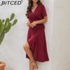 BITCED V-Neck High-Waisted Tie-Detail Dress Solid Color Long-Sleeve Short-Sleeve Dress Vacation Travel Dress