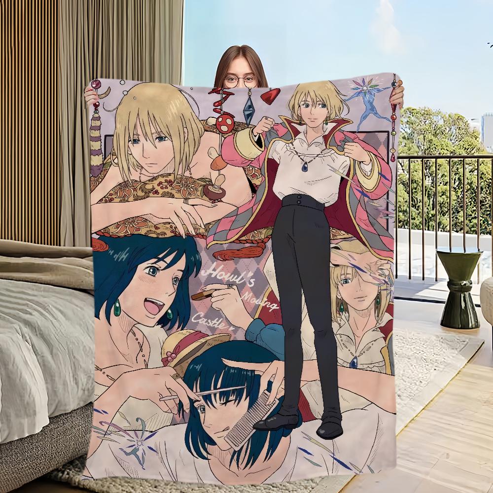 Anime film comfort warm soft plush blanket for sofa living room h-Howl's office bedroom travel Flannel gift m-Moving c-Castle