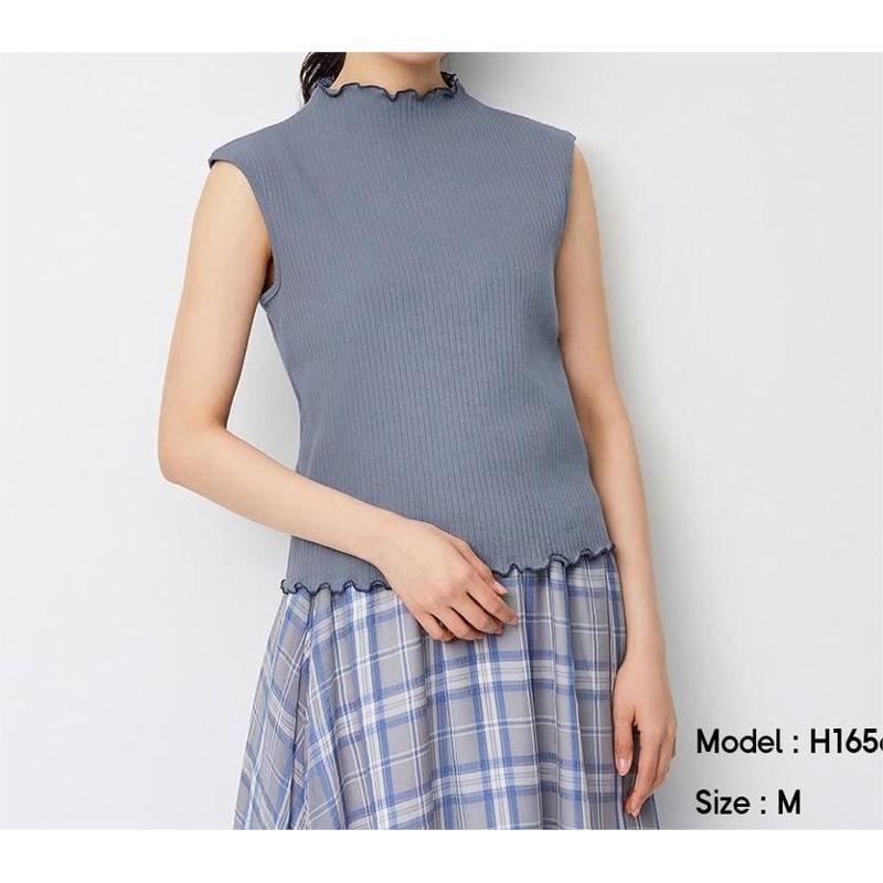 

[Treasure of the Town Store] Very Simple to Wear/Good Style and Workmanship! Japanese Single Wooden Ear Collar Sleeveless T-shirt Women s Top Export Blue XS