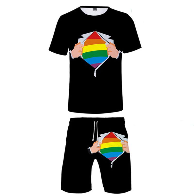 Elemente colorate Moda Imprimare 3D Bărbat Femei Seturi de tricouri Curcubeu LGBT Tricou Pantaloni scurți Set din două piese Casual Harajuku Streetwear