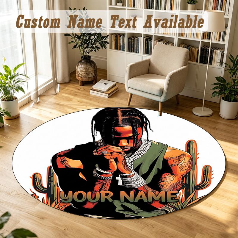 Round Rug Custom NameTravis Scott Pattern Non Slip Carpet Home Floor Decor