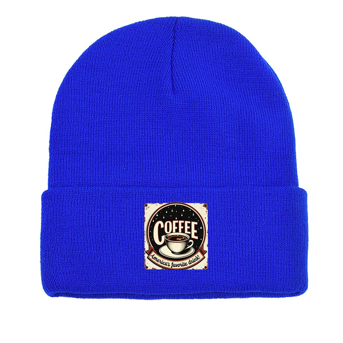 

COFFEE Series Print Knitted Cap Beanie, Slouchy Leisure Knit Hat Beanie as the picture синий