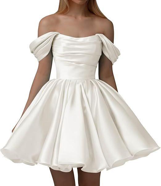 European and American one-word shoulder dress new satin short pleated dance wedding party dress daily dress
