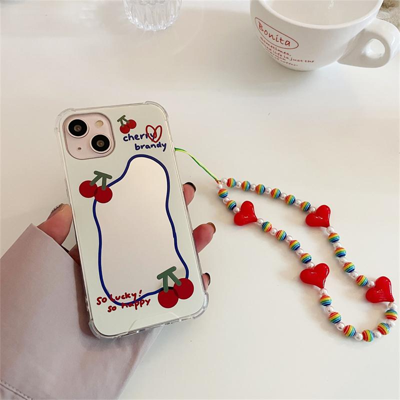 Korea süße Kirsche Liebe Herz Armband Handytasche für Iphone 13 12 11 Pro Xs Max X Xr 7 8 Plus Kette schützende weiche Rückseite Abdeckung
