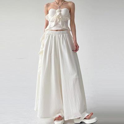 Baggy Wide-leg Pants for Women Summer Solid High-waist Drape Nine-point Casual Pants Elastic Waist Korean Style Clothing