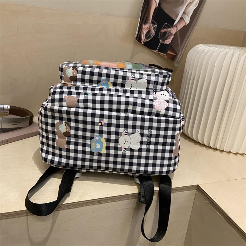 Cartoon Cat Pattern Women's Backpack Plaid Schoolbag