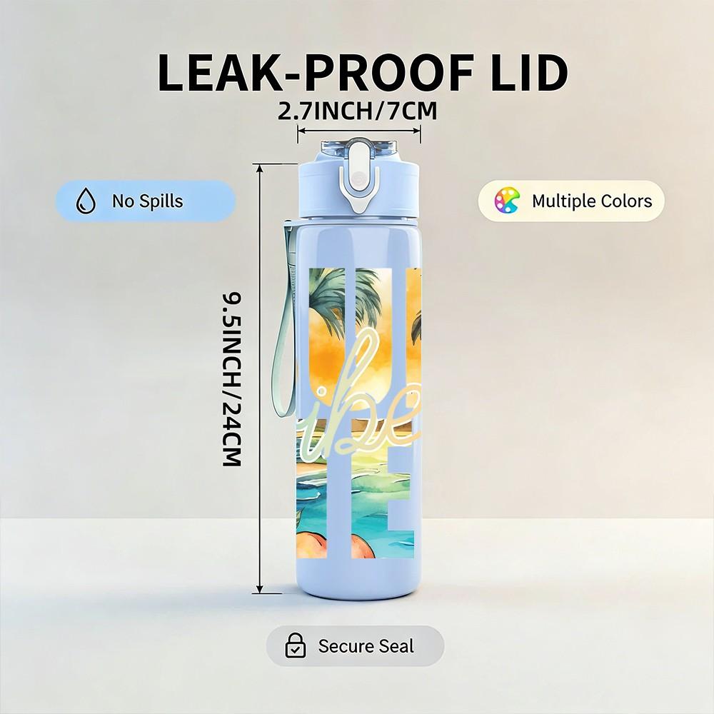 1PC Summer Bold Distressed Retro Slogan Lettering 750ml Color Plastic Sports Water Bottle Leakproof Flip Straw Lid Suitable for Sports Office Home Use